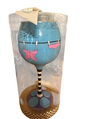 Mud Pie Blue Novelty Wine Glass with Pink Lingerie Design